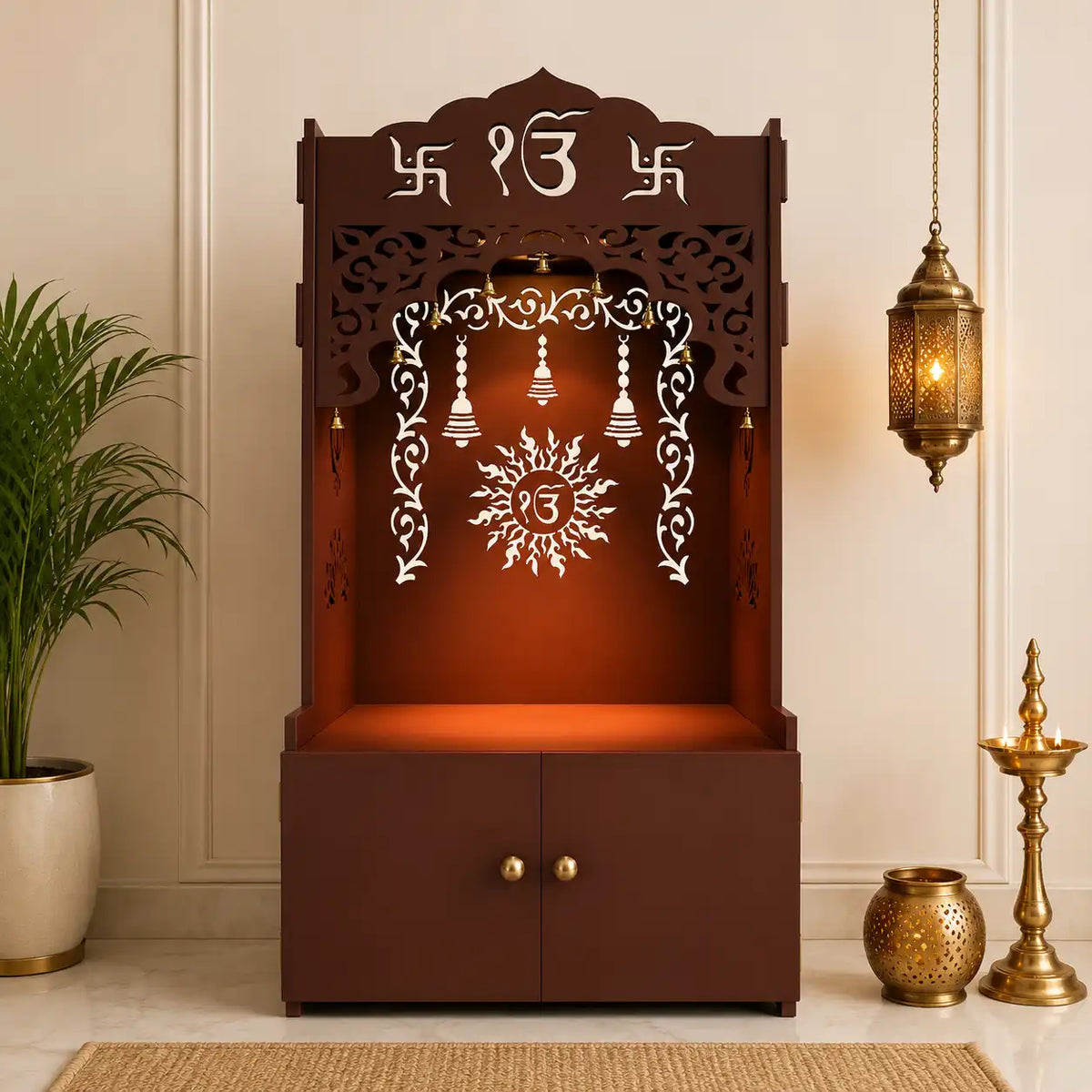 Brown Wooden Floor Pooja Mandir with Ik Onkar & Swastik Design Laser-Cut Bell Motifs Storage Cabinet & Ornate Arch