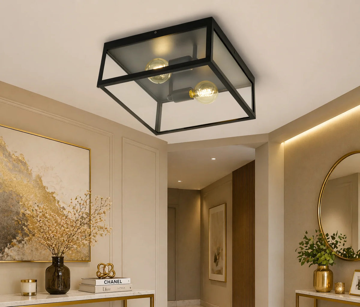 2 Bulb Steel Ceiling Light with Black Clear Glass
