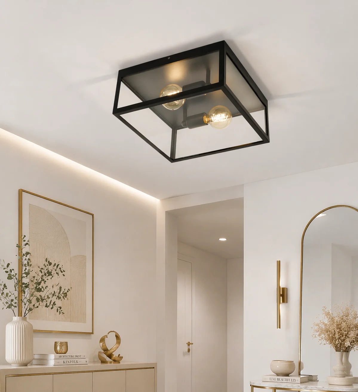 2 Bulb Steel Ceiling Light with Black Clear Glass