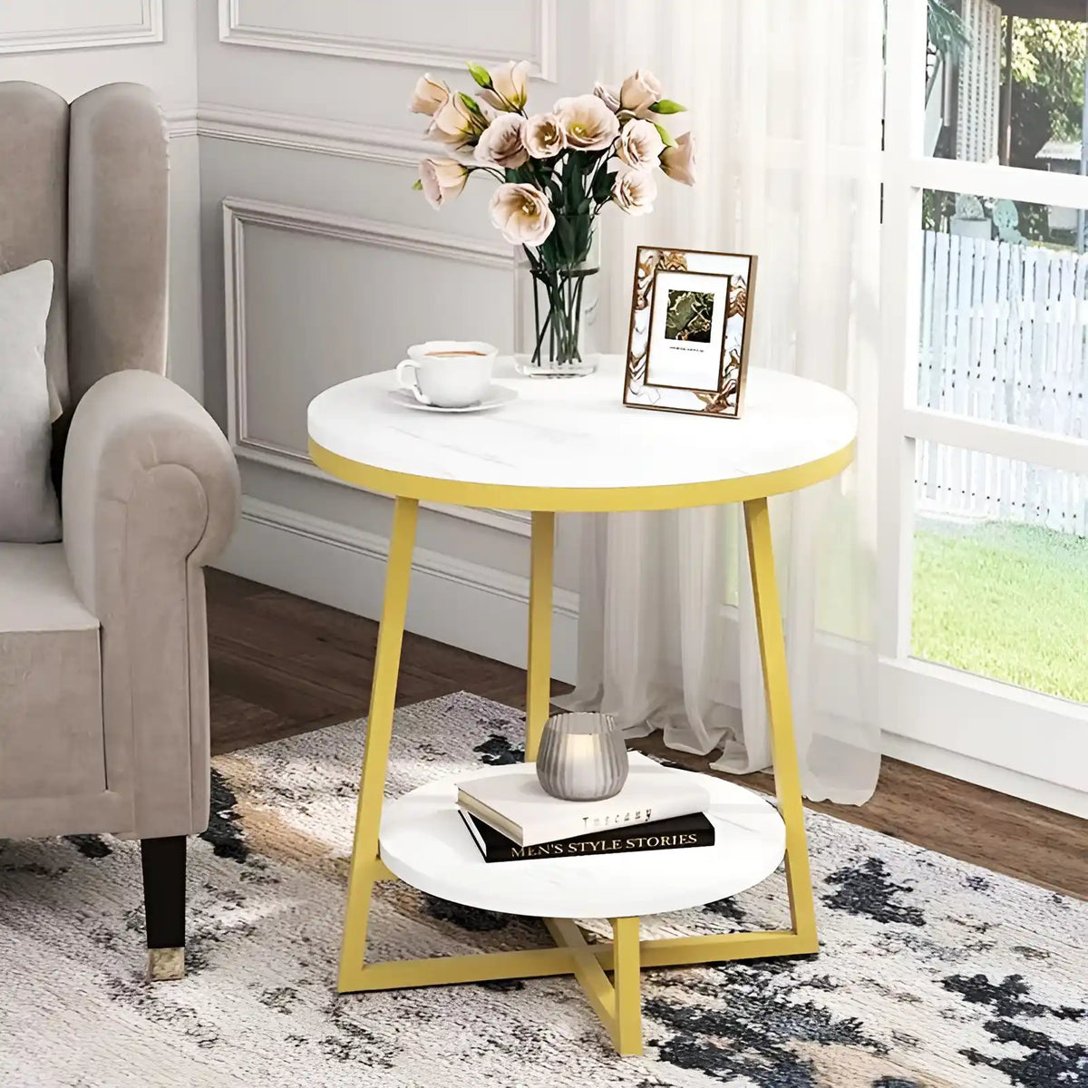 2 Tier Faux White Marble Side Table with with Golden Finish Storage Shelf
