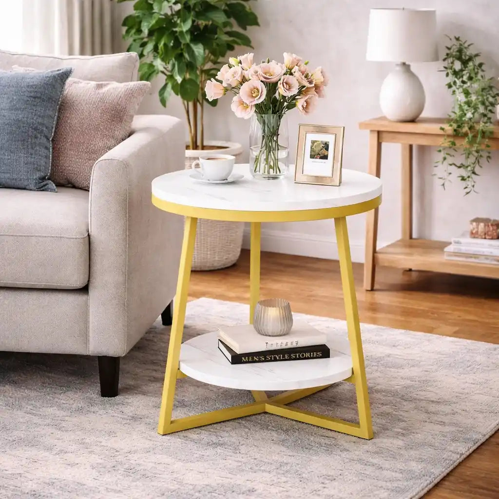 2 Tier Faux White Marble Side Table with with Golden Finish Storage Shelf
