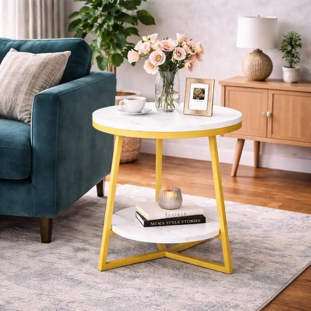 2 Tier Faux White Marble Side Table with with Golden Finish Storage Shelf