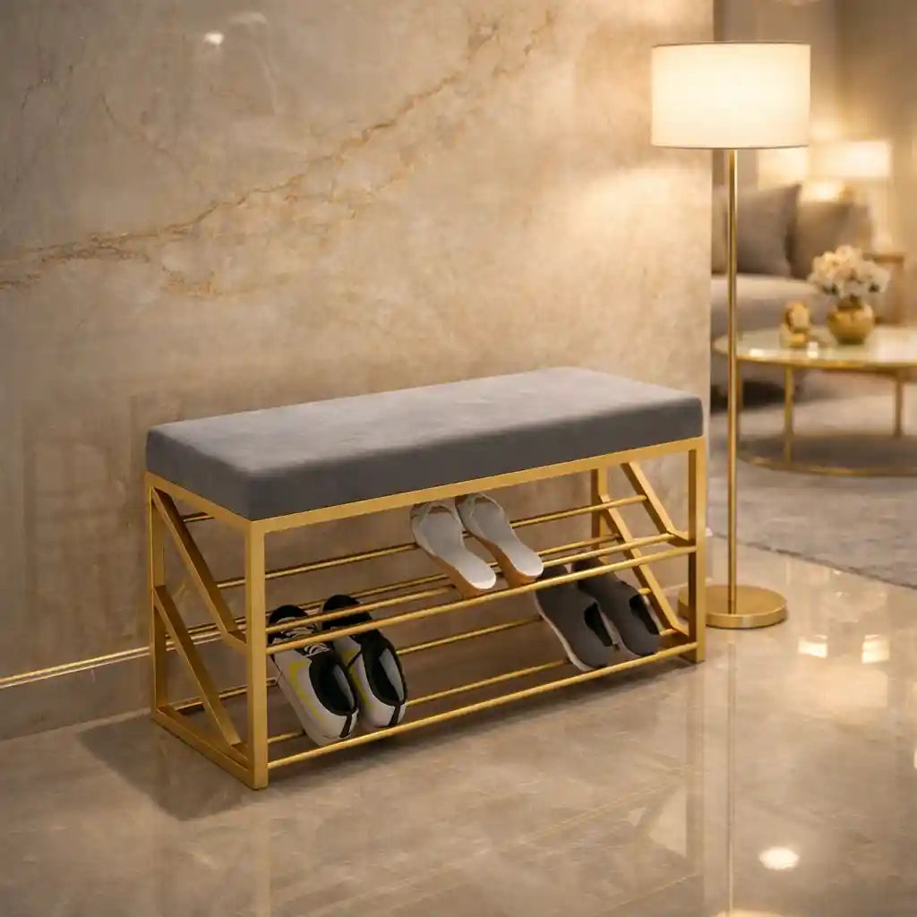 2 Tier Upholstered Organizer Shelf with Gray Padded Cushion Seat