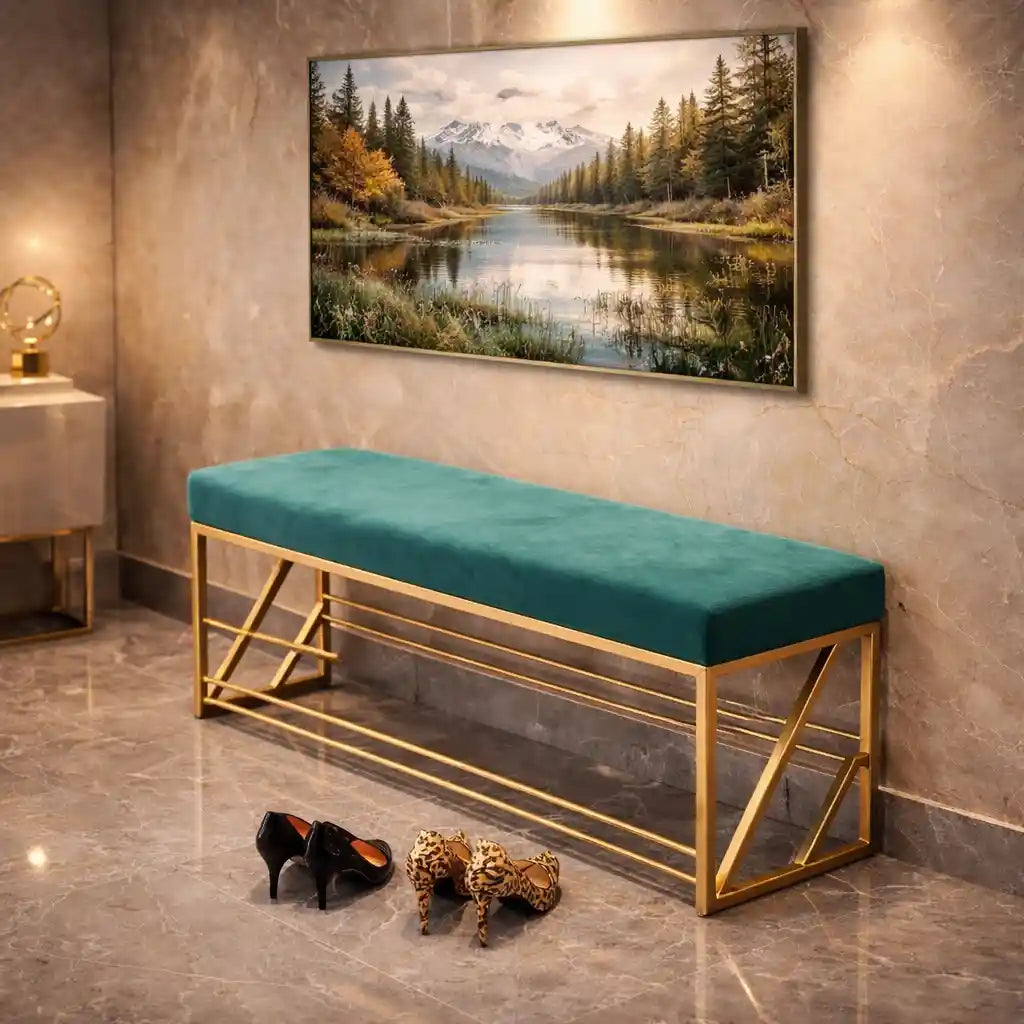 2 Tier Upholstered Organizer Shelf with Green Padded Cushion Seat