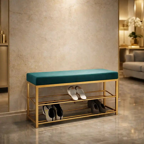 2 Tier Upholstered Organizer Shelf with Green Padded Cushion Seat