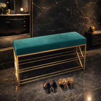 2 Tier Upholstered Organizer Shelf with Green Padded Cushion Seat