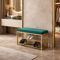 2 Tier Upholstered Organizer Shelf with Green Padded Cushion Seat