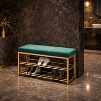 2 Tier Upholstered Organizer Shelf with Green Padded Cushion Seat