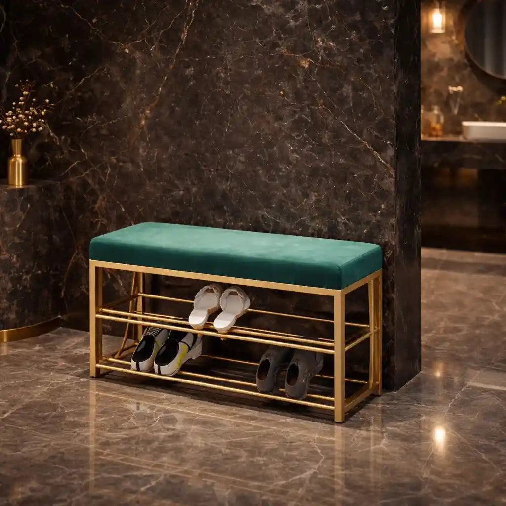 2 Tier Upholstered Organizer Shelf with Green Padded Cushion Seat