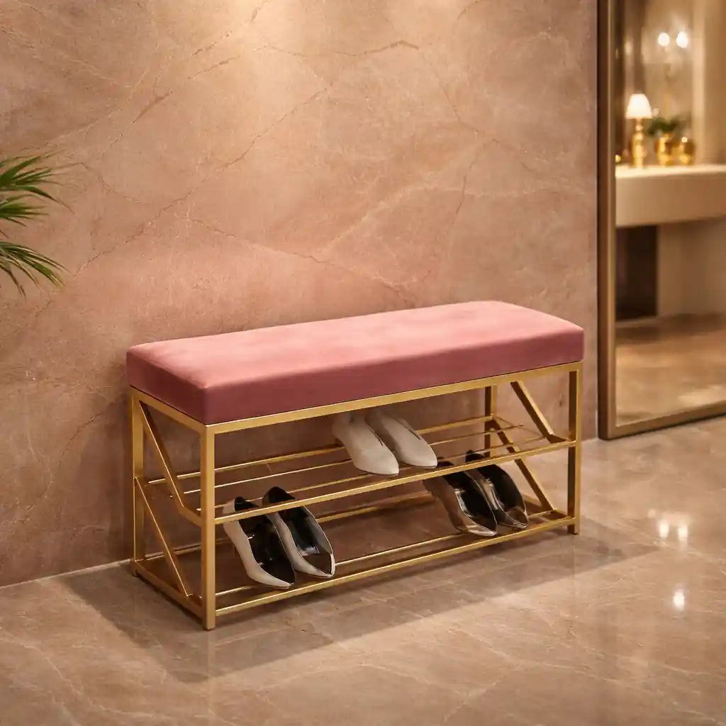 2 Tier Upholstered Organizer Shelf with Pink Padded Cushion Seat