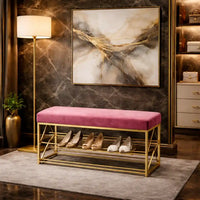 2 Tier Upholstered Organizer Shelf with Pink Padded Cushion Seat