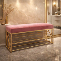 2 Tier Upholstered Organizer Shelf with Pink Padded Cushion Seat