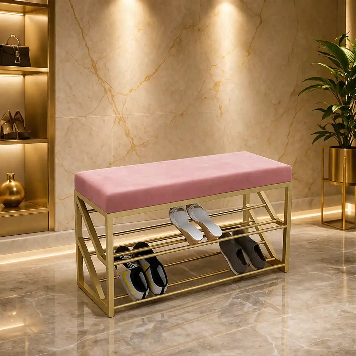 2 Tier Upholstered Organizer Shelf with Pink Padded Cushion Seat