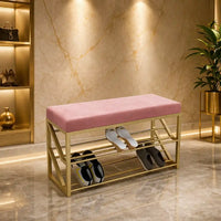 2 Tier Upholstered Organizer Shelf with Pink Padded Cushion Seat