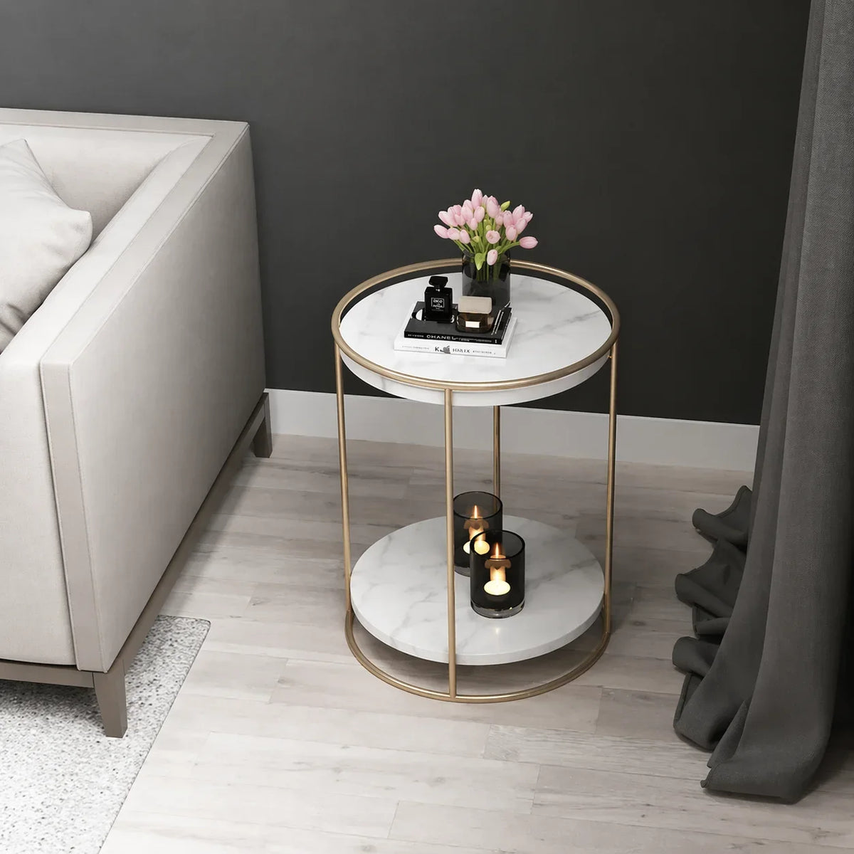 2 Tiered with Gold End Faux Marble Side Table