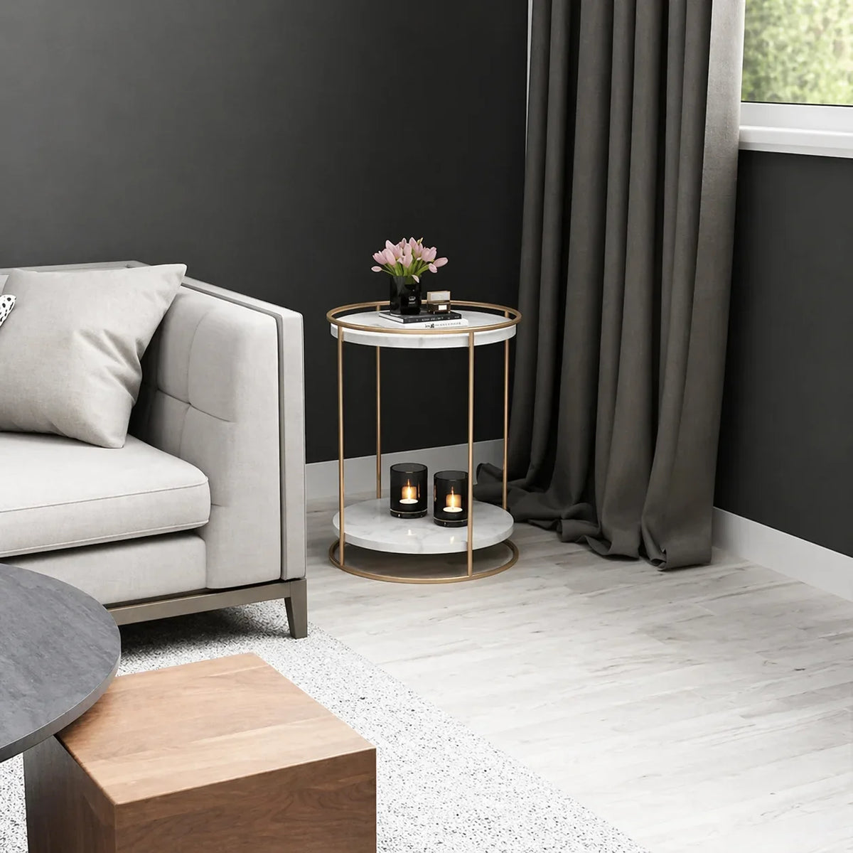 2 Tiered with Gold End Faux Marble Side Table