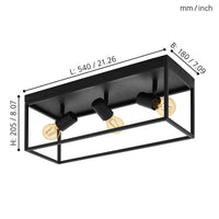 3 Bulb Steel Ceiling Light with Black Clear Glass