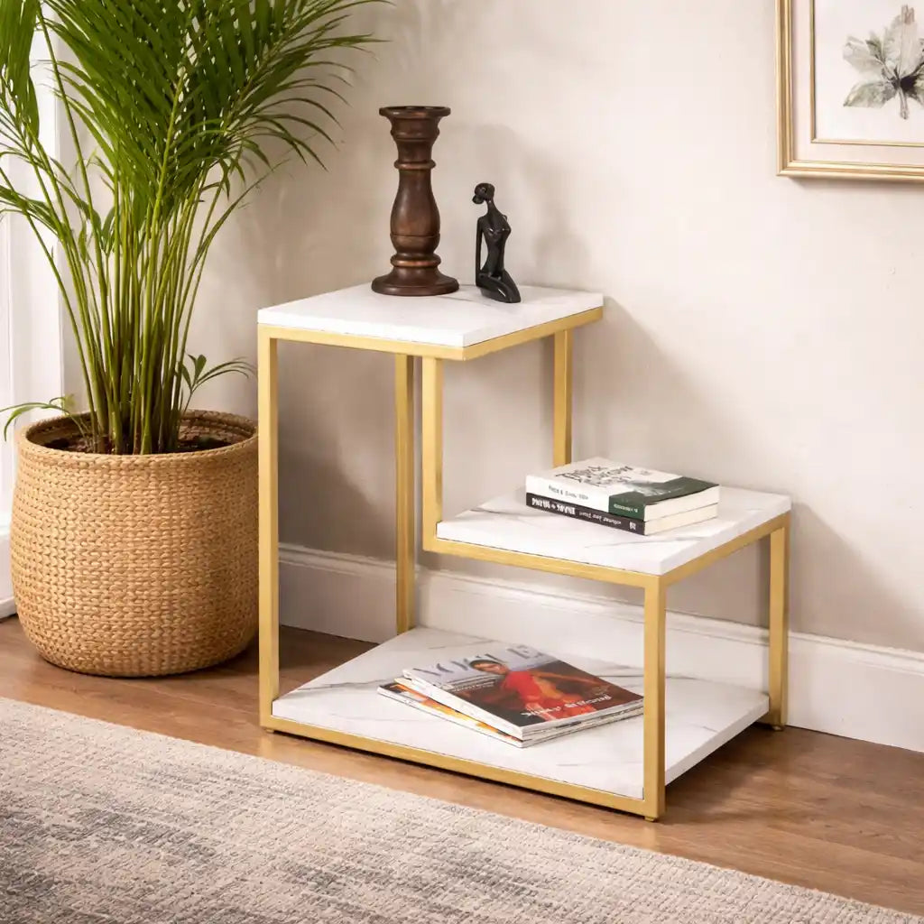 3-Tier Modern Side Table with Storage Shelf with Golden Metal Finish
