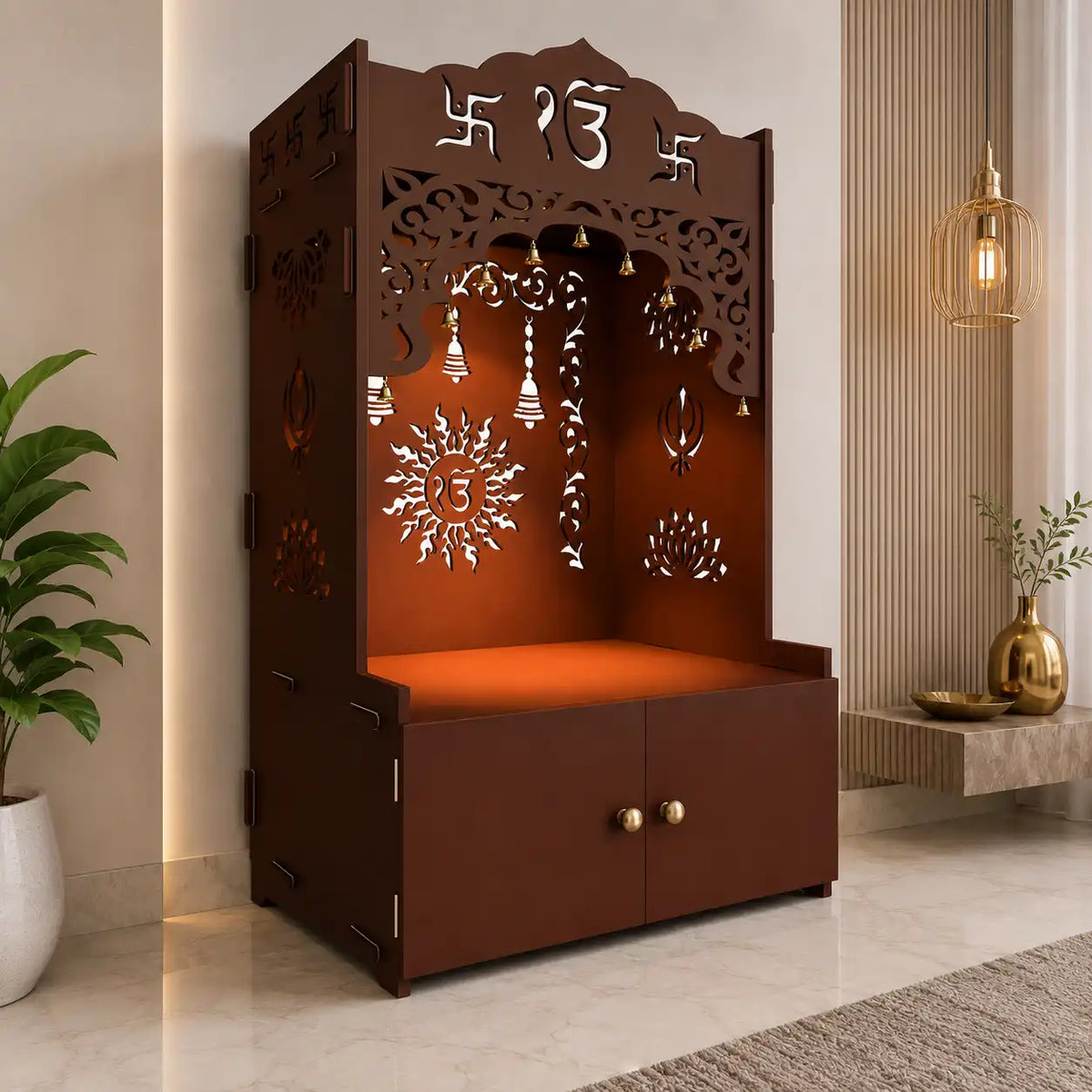 Brown Wooden Floor Pooja Mandir with Ik Onkar & Swastik Design Laser-Cut Bell Motifs Storage Cabinet & Ornate Arch