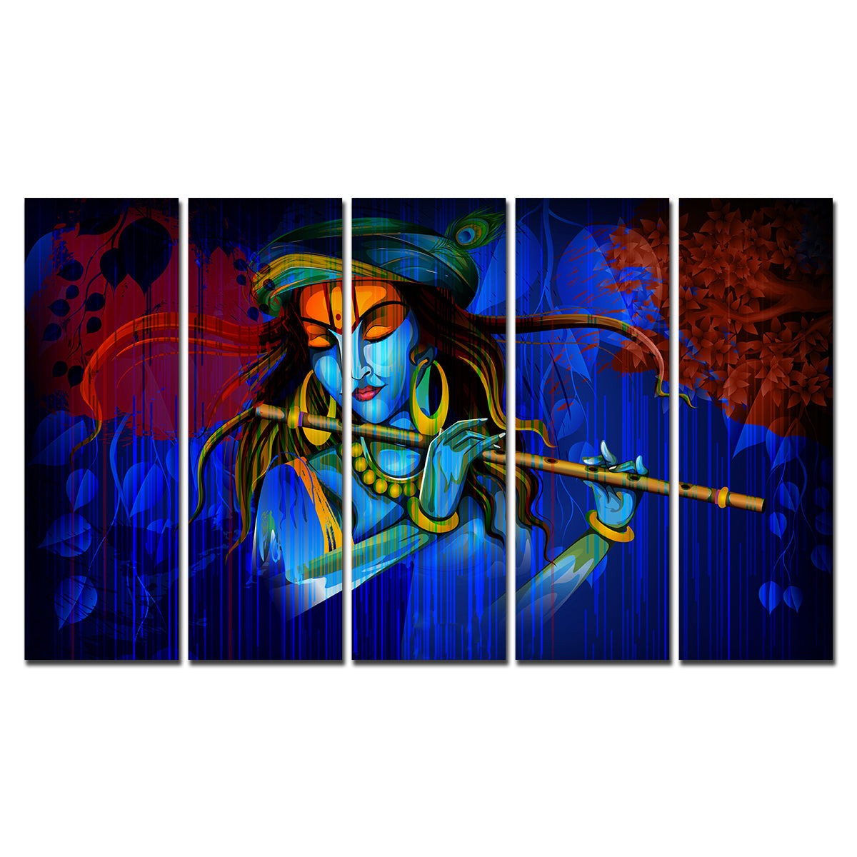 5 Pieces Canvas Wall Painting of Lord Krishna Playing Flute