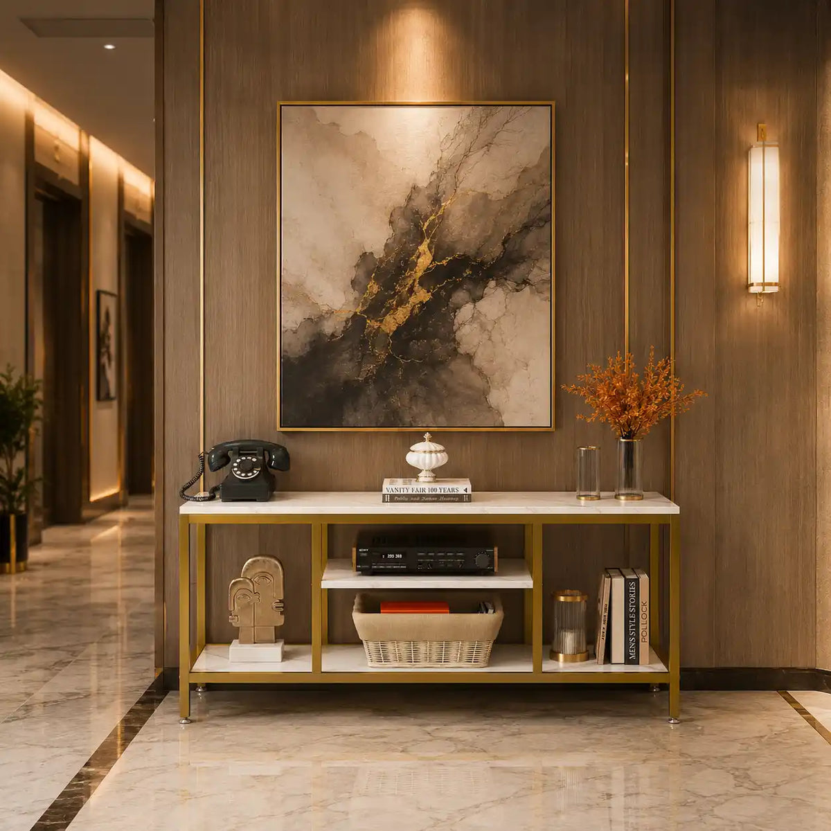 5-Tier Rectangle White Marble Gold Entryway Console Table