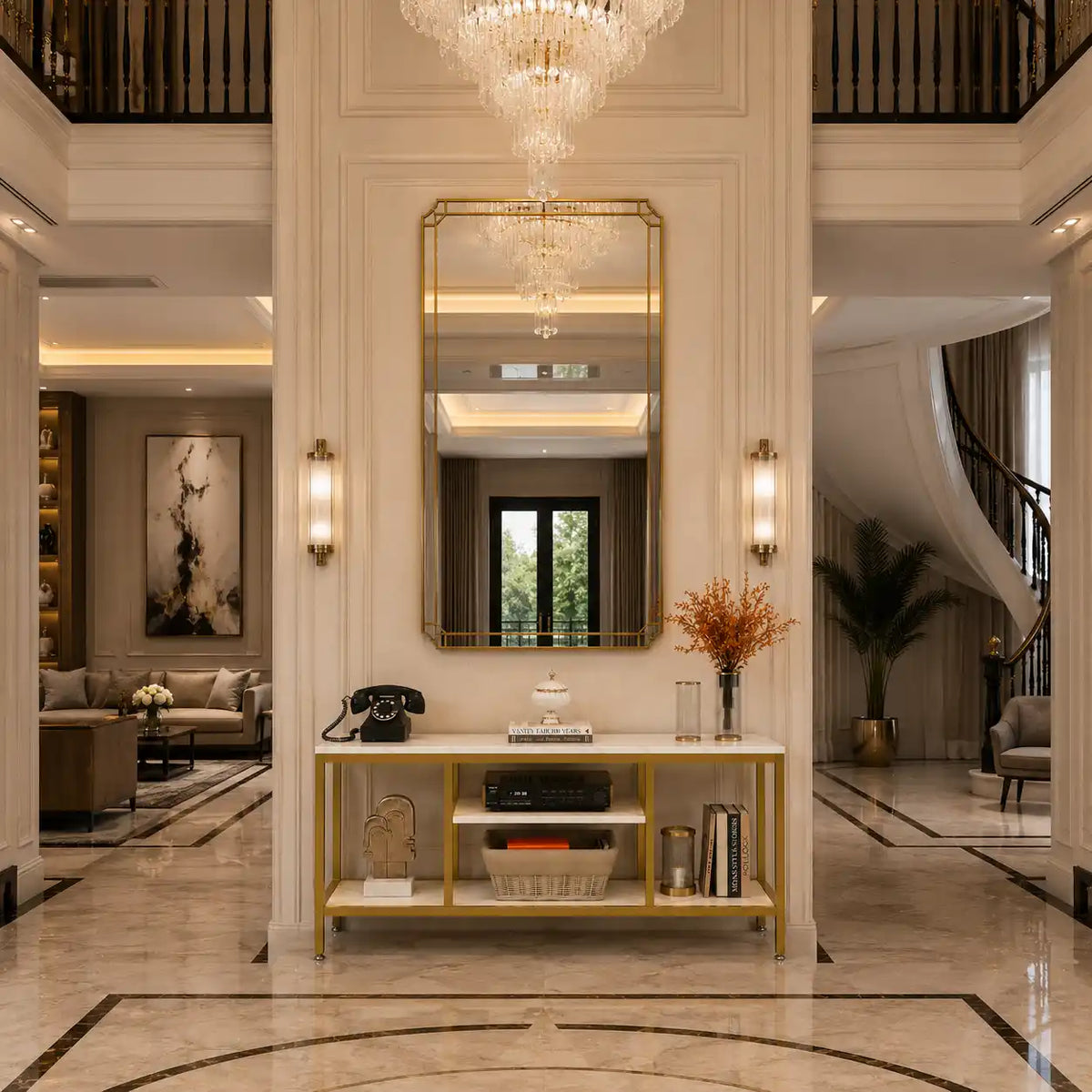 5-Tier Rectangle White Marble Gold Entryway Console Table