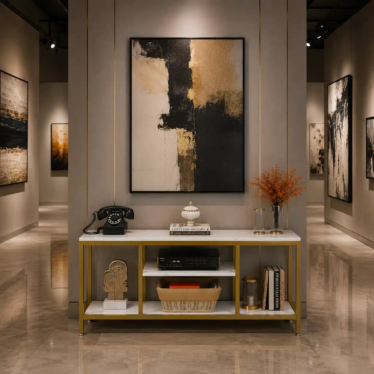 5-Tier Rectangle White Marble Gold Entryway Console Table