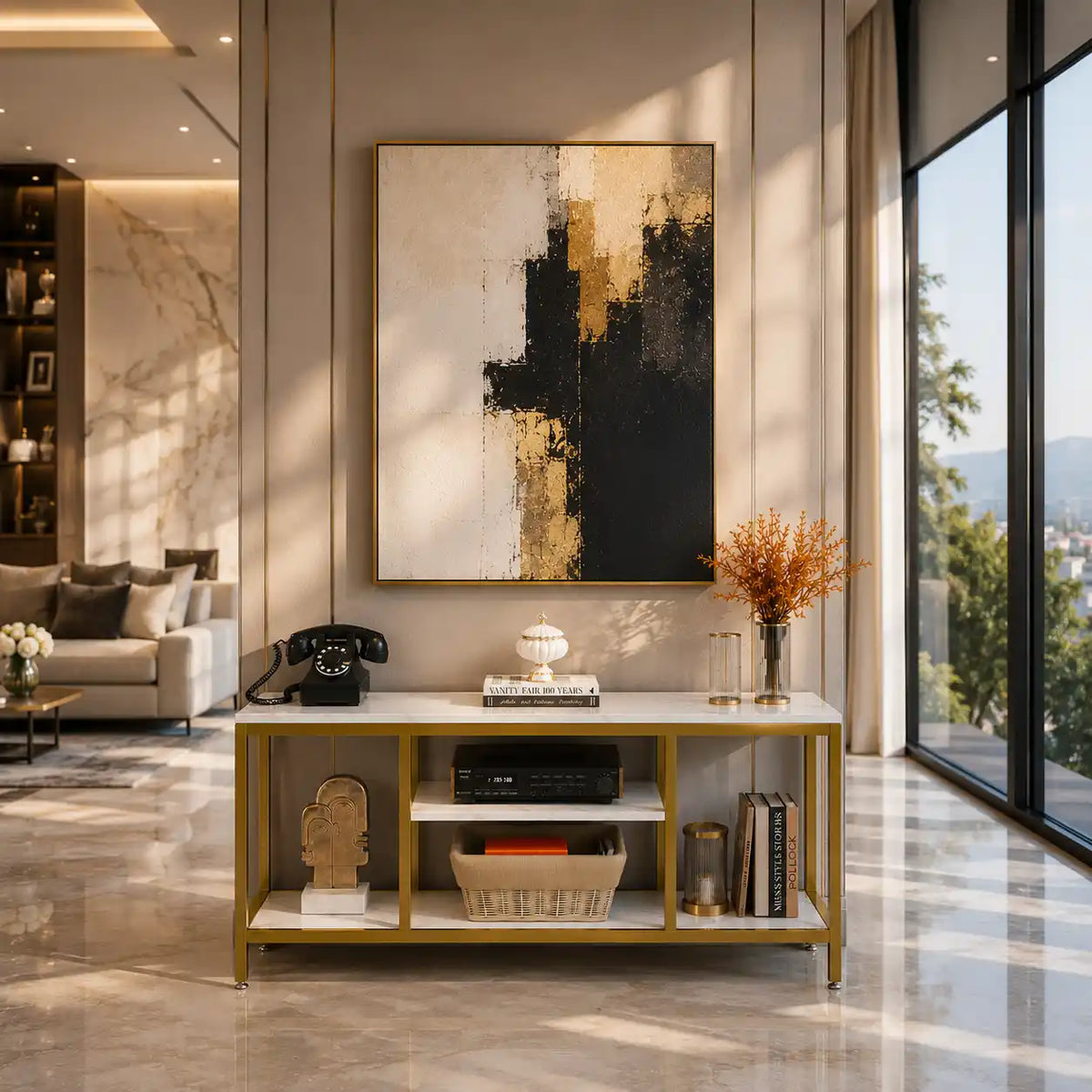 5-Tier Rectangle White Marble Gold Entryway Console Table