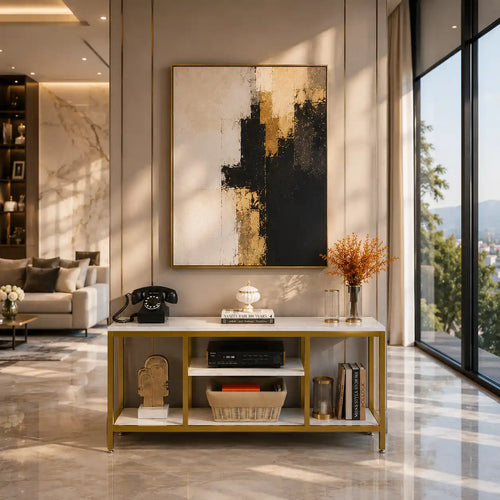 5-Tier Rectangle White Marble Gold Entryway Console Table