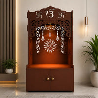 Brown Wooden Floor Pooja Mandir with Ik Onkar & Swastik Design Laser-Cut Bell Motifs Storage Cabinet & Ornate Arch