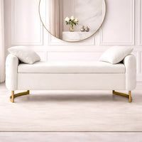 Modern White Upholstered Storage Bench with Gold Legs