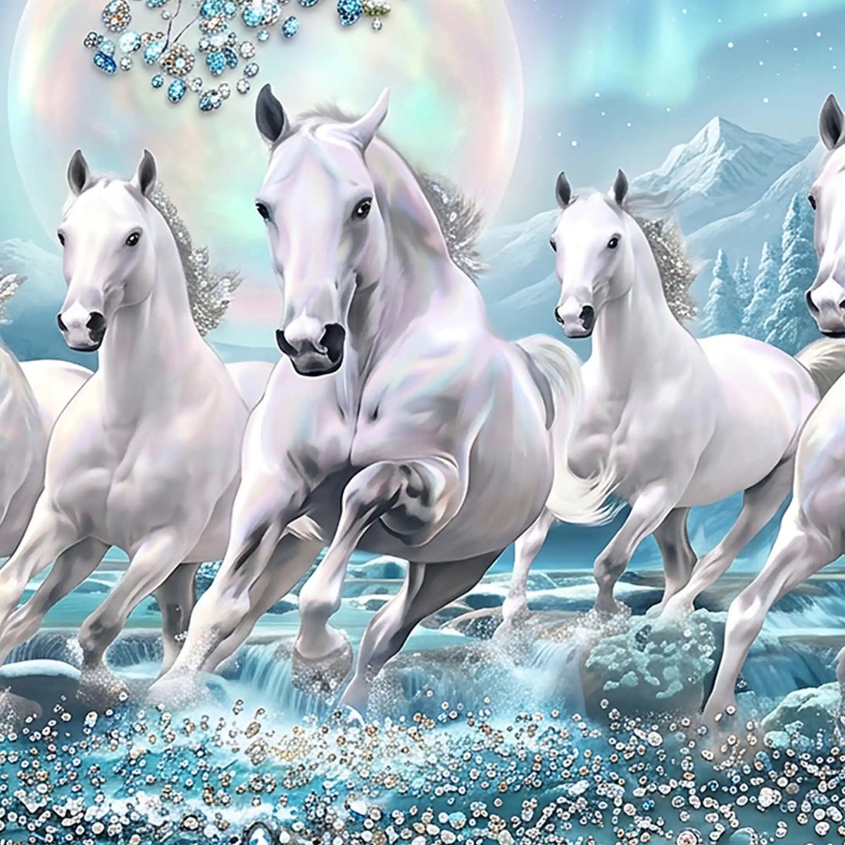 7 White Horses Crystal Glass Painting for Modern Vastu Decor