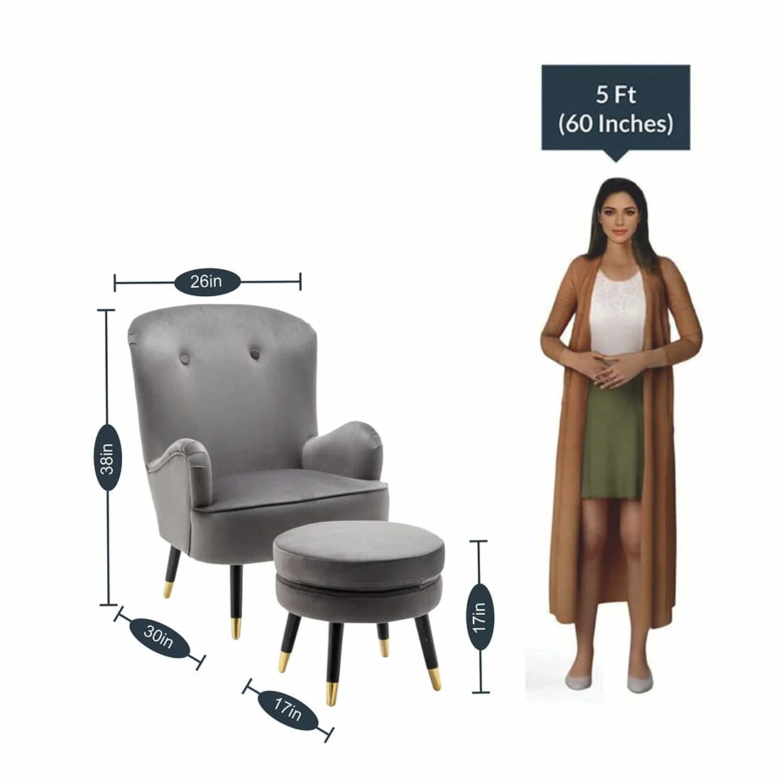 Luxury Grey Velvet Comfy Lounge Chair with Footrest