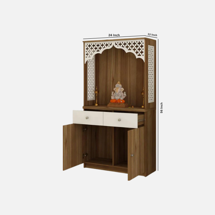 Stylish White Arch Design Wooden Floor Temple with Drawer & Storage Cabinet for Home & Office Space