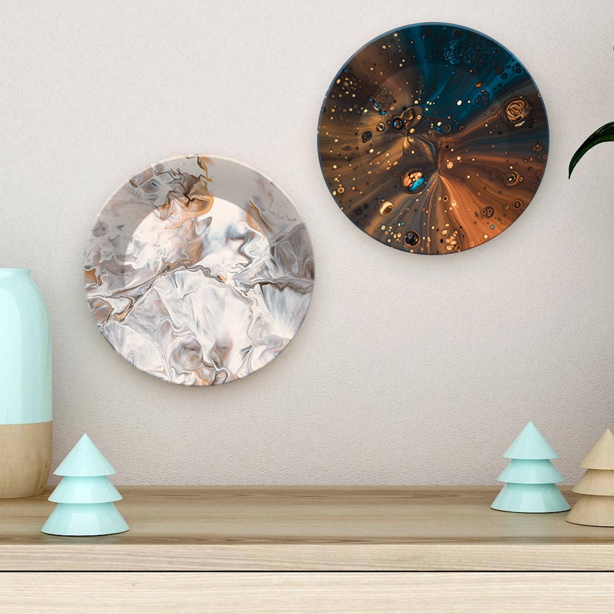 Abstract Paint Texture Ceramic Wall Hanging Plates of Two Pieces
