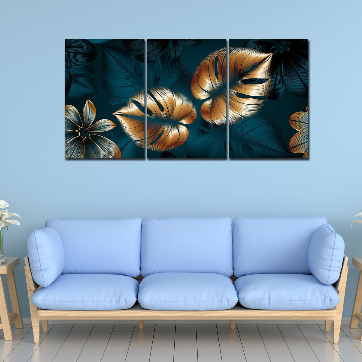 Beautiful Flower & Monstera Leaves Wall Painting of 3 Pieces