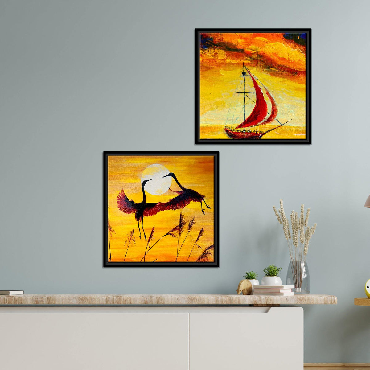 Boat & Cranes Sunset Wall Painting 2 Pieces Floating Frame