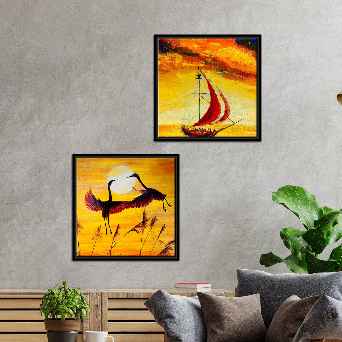 Boat & Cranes Sunset Wall Painting 2 Pieces Floating Frame