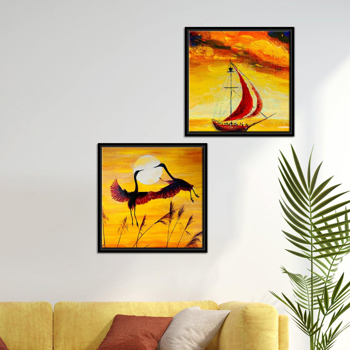 Boat & Cranes Sunset Wall Painting 2 Pieces Floating Frame