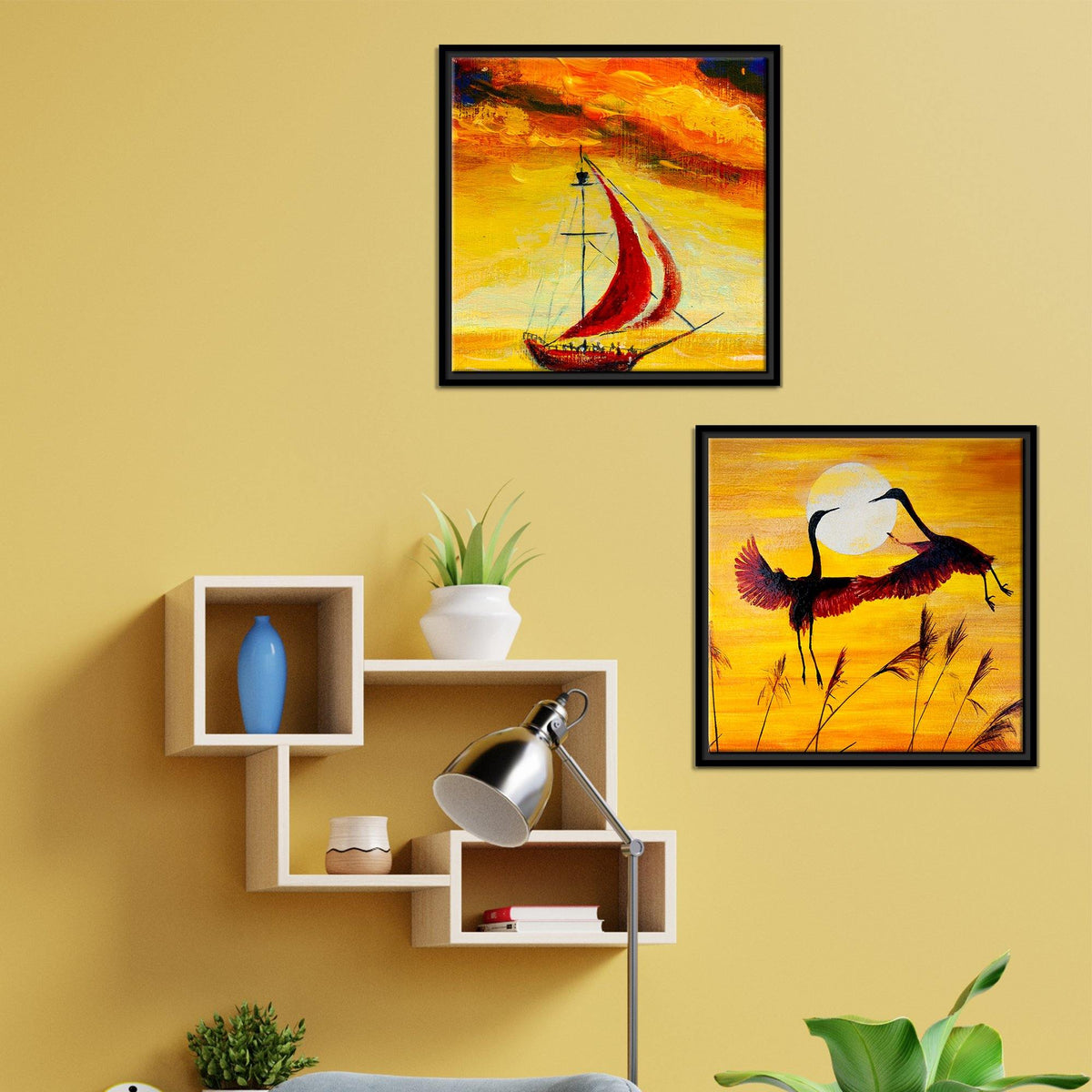 Boat & Cranes Sunset Wall Painting 2 Pieces Floating Frame
