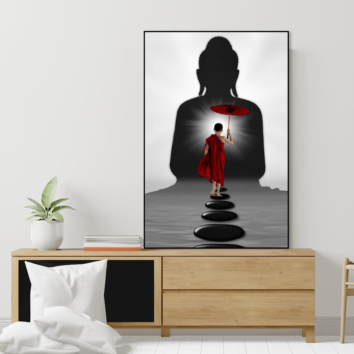 Buddha & Monk Floating Canvas Wall Painting