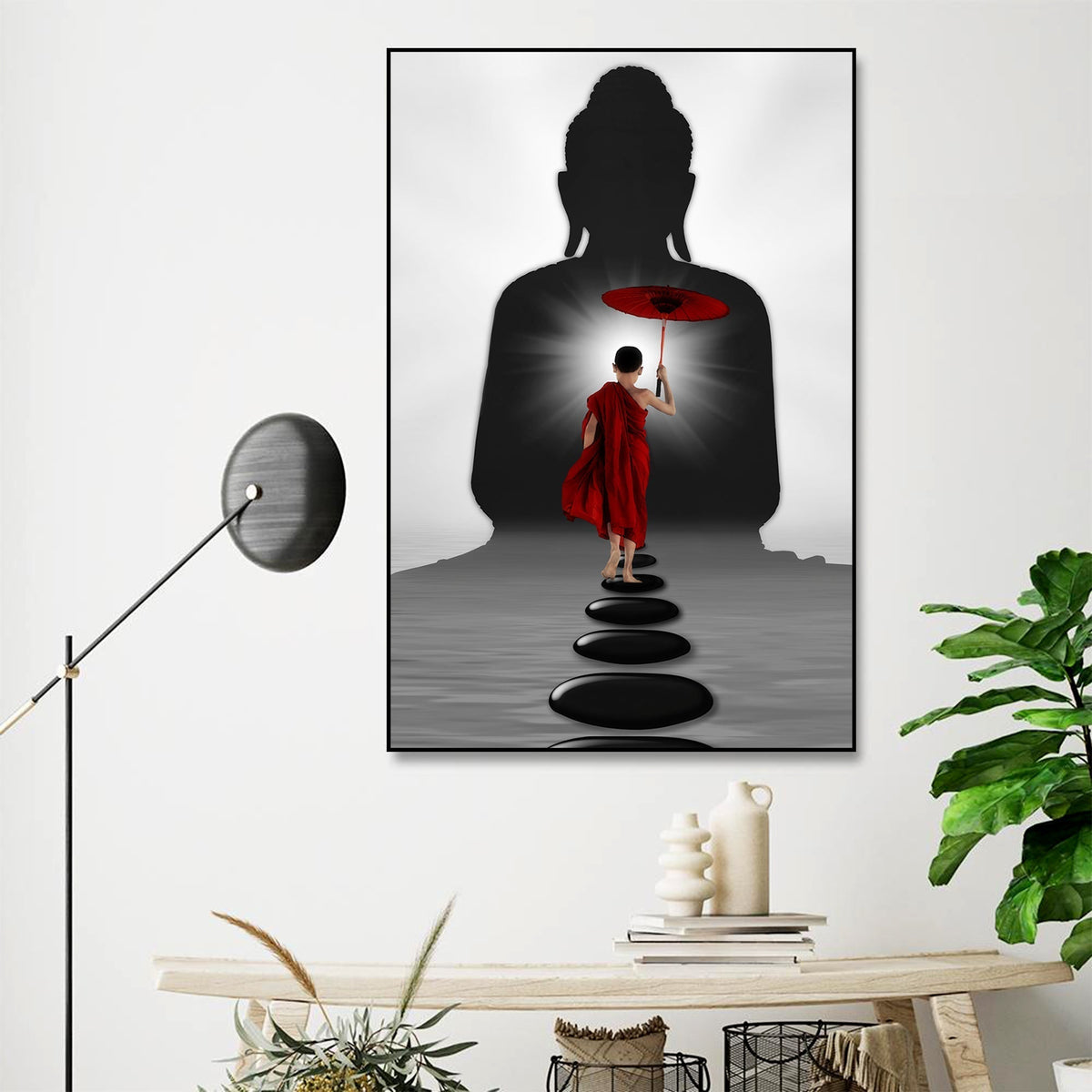 Buddha & Monk Floating Canvas Wall Painting