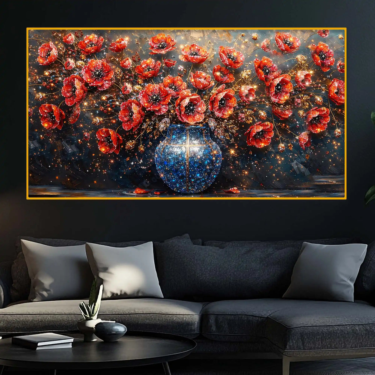 Designer Sparkling Floral Vase Crystal Glass Wall Painting for Modern Interior Décor