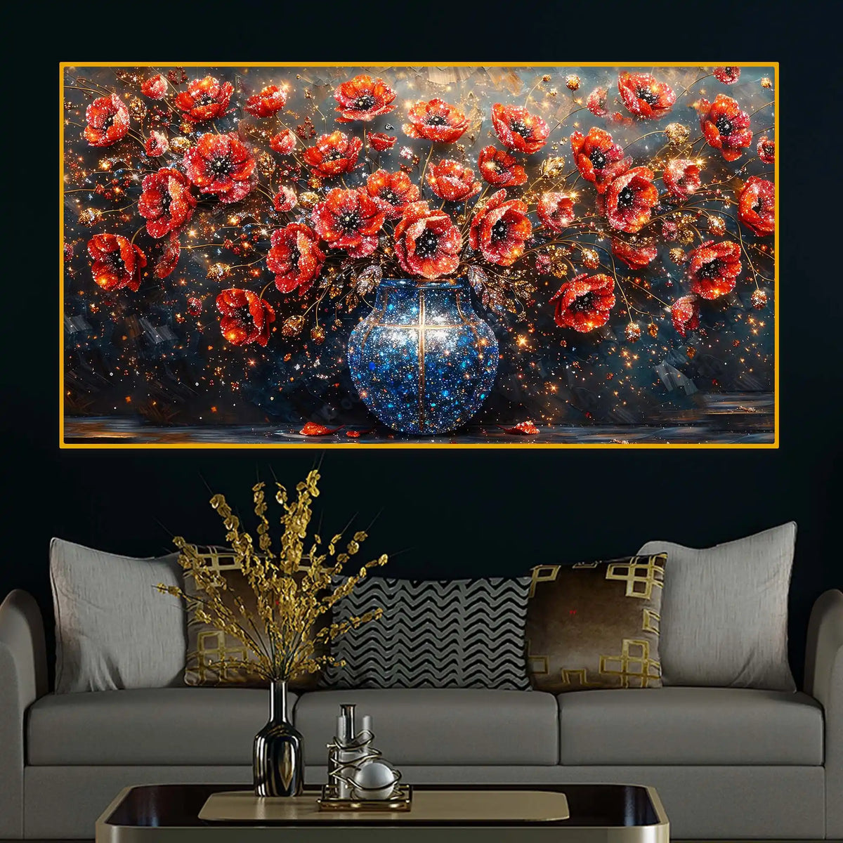 Designer Sparkling Floral Vase Crystal Glass Wall Painting for Modern Interior Décor