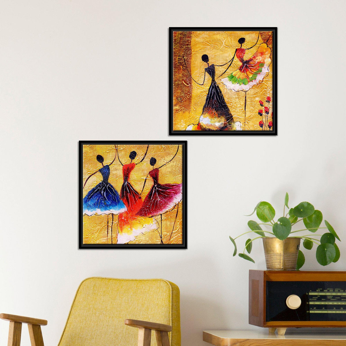 Dancing Women Warli Art Canvas Wall Painting of 2 Pieces Floating Frame
