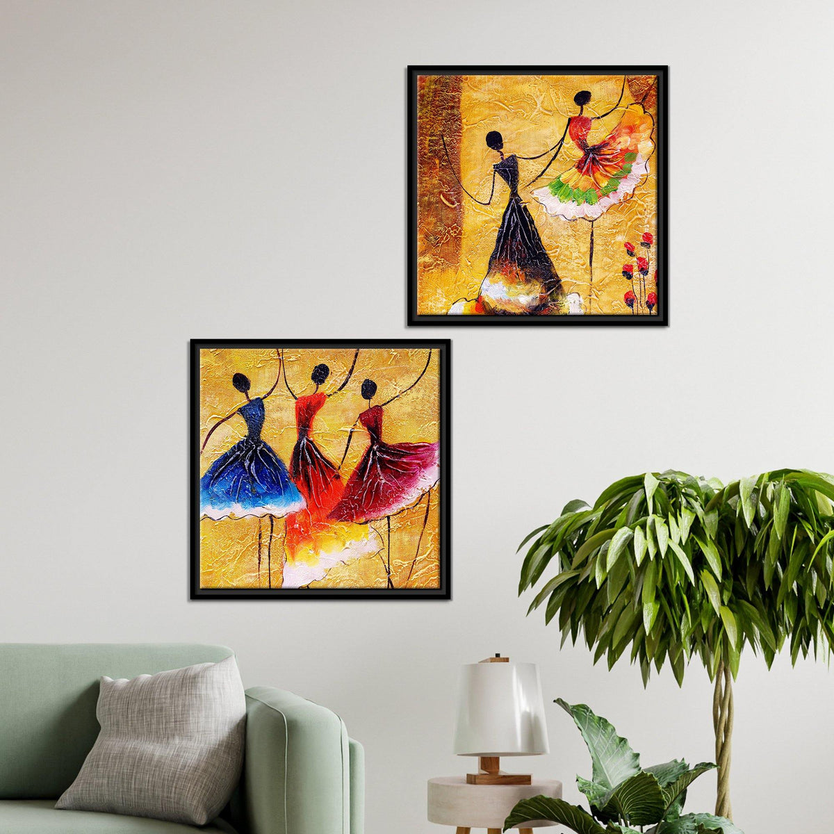 Dancing Women Warli Art Canvas Wall Painting of 2 Pieces Floating Frame