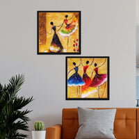 Dancing Women Warli Art Canvas Wall Painting of 2 Pieces Floating Frame