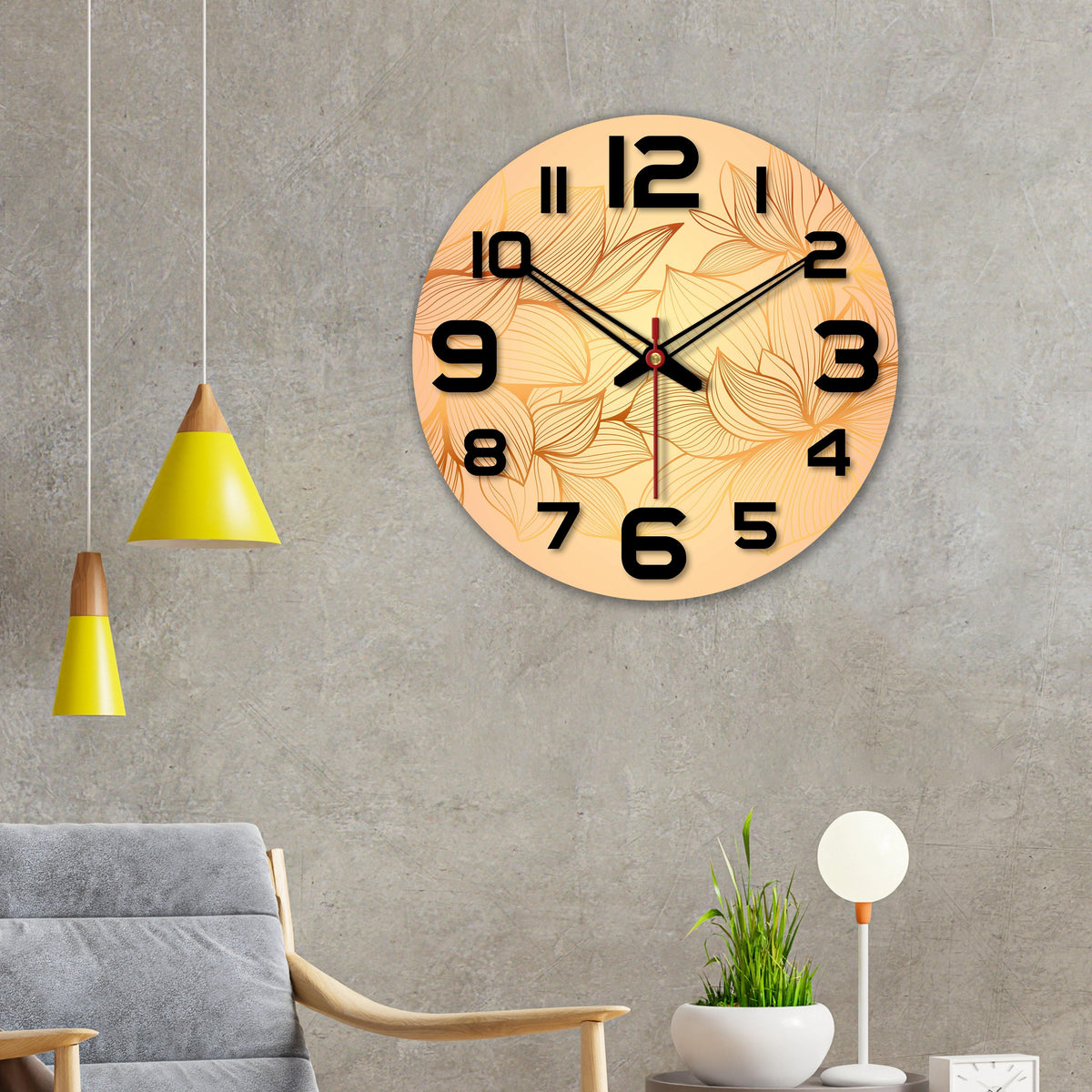 Flower Printed Wooden Wall Clock For Living Room