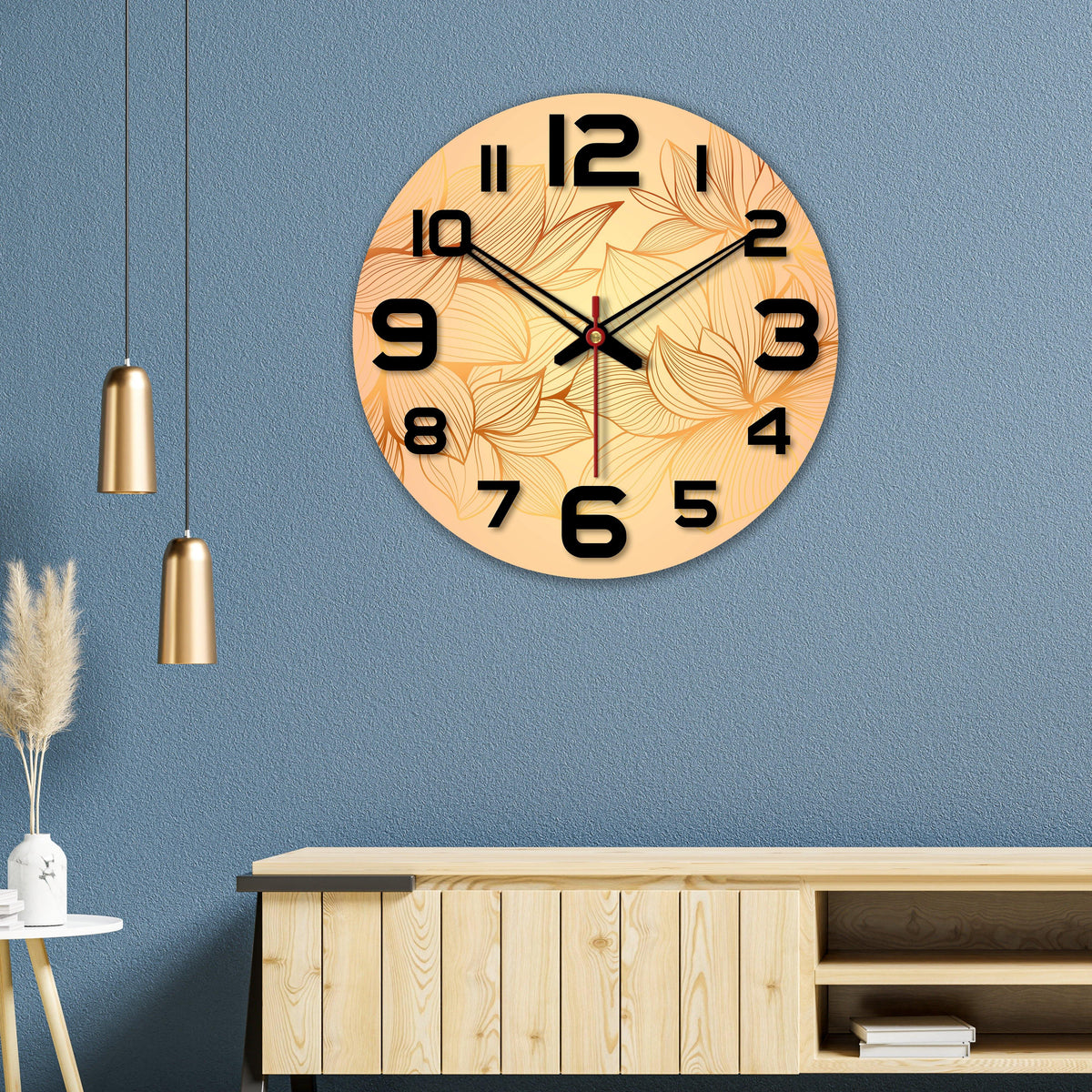 Flower Printed Wooden Wall Clock For Living Room
