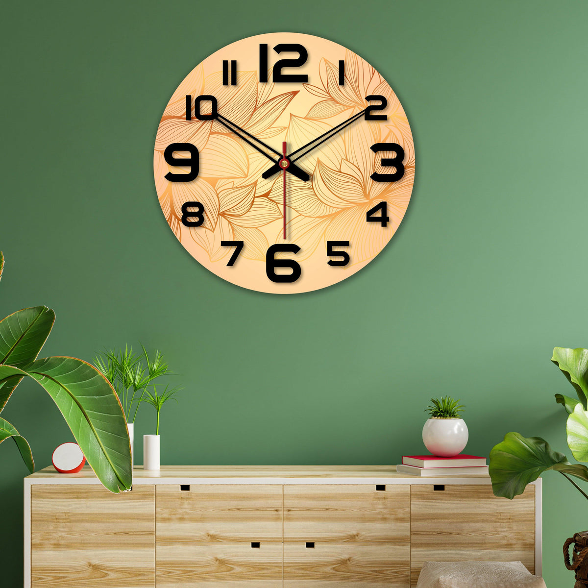 Flower Printed Wooden Wall Clock For Living Room
